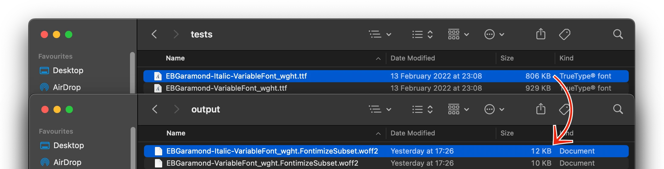 Screenshot of Finder windows with input and output fonts showing drastic decrease in font file size.
